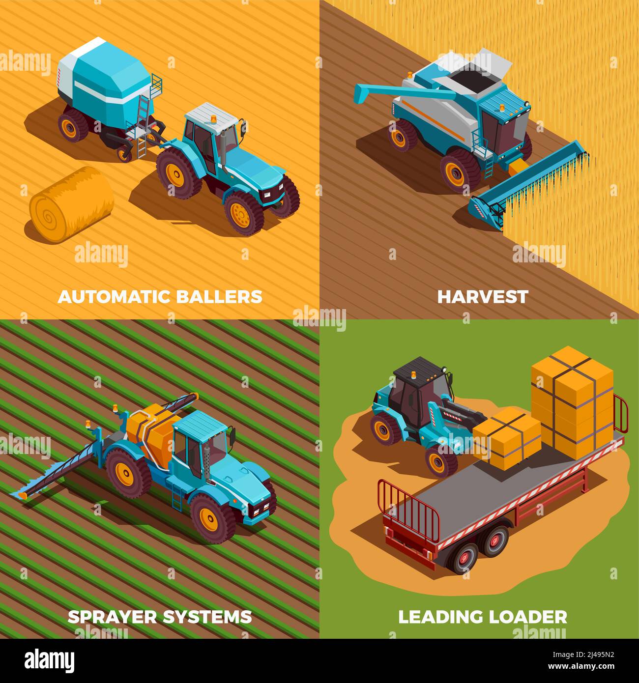 Isometrisches Konzept für Landmaschinen mit Ballenpresse und Feldspritze Isolierte Vektordarstellung Stock Vektor