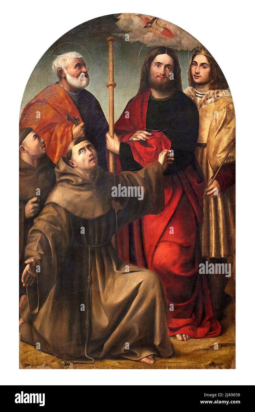 Stigmate di San Francesco con S.Pietro, S. Giacomo Maggiore e S. Luigi IX - olio su tavola - Gabriele Cappellini detto Calzolaretto - 1520 - Ferrar Stockfoto