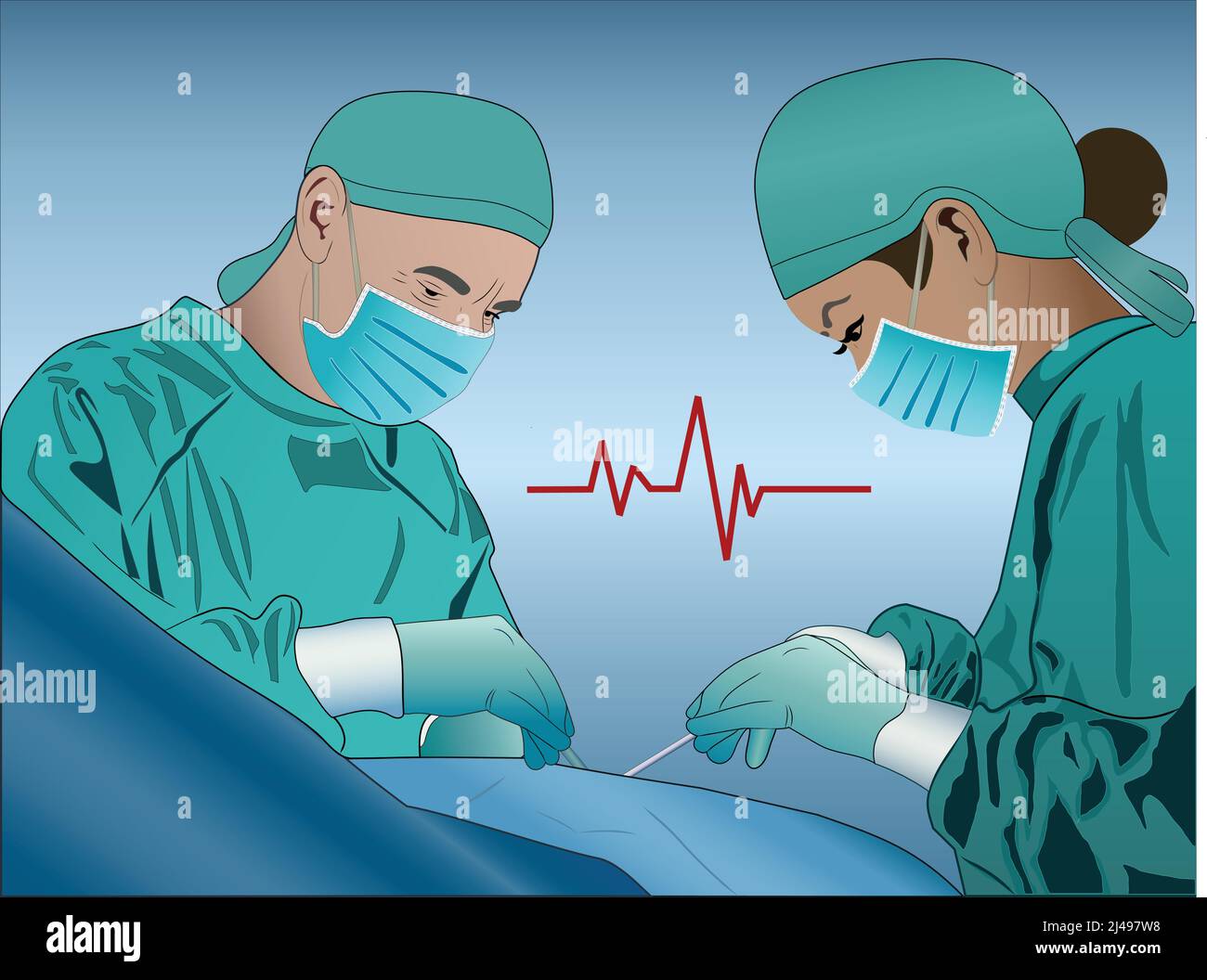 Illustration von Ärzten in OP-Kappen und Masken, die Leben retten, Stockbild Stock Vektor