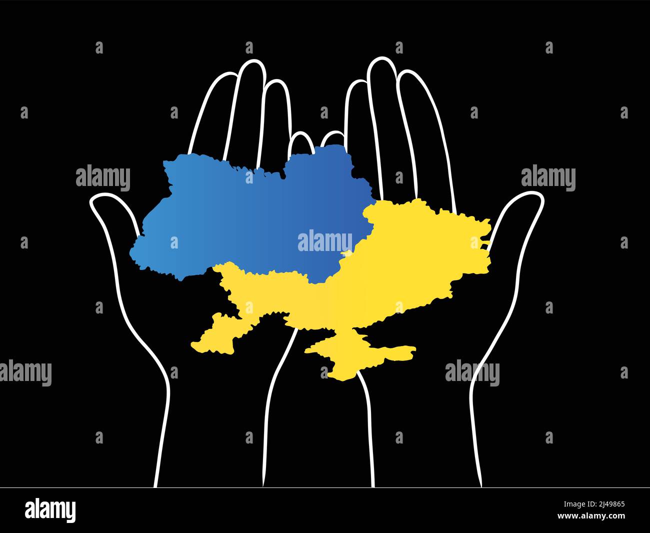 Abbildung des ukrainischen Territoriums in Händen auf schwarz, Stockbild Stock Vektor