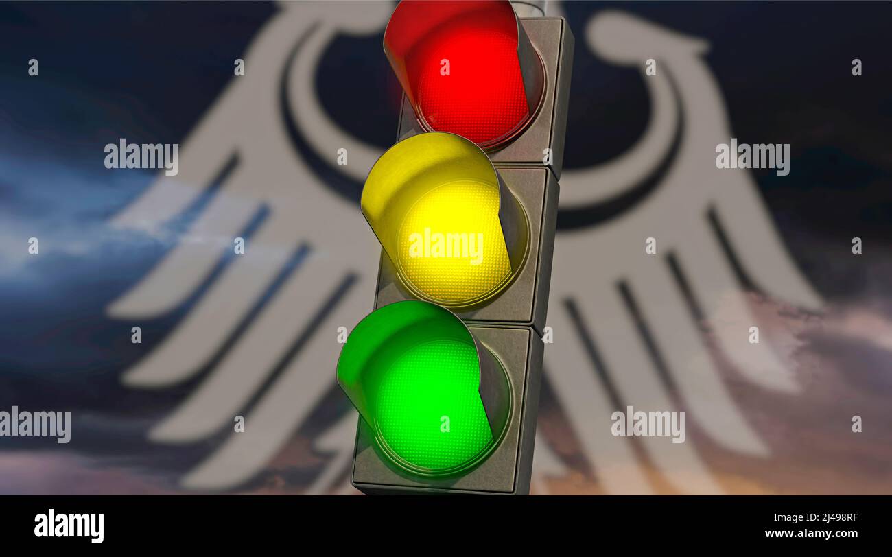 Ampel rot, gelb, grün. Symbolisches Bild für eine Koalition aus SPD, FDP und Grünen. Stockfoto