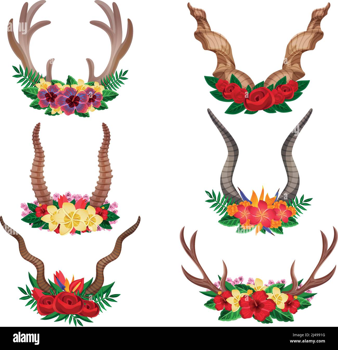 Wilde Tiere lieben Berg Ziege Elch ornamental floral Hörner Set Dekoriert mit Blumenarrangements isoliert Vektor-Illustration Stock Vektor