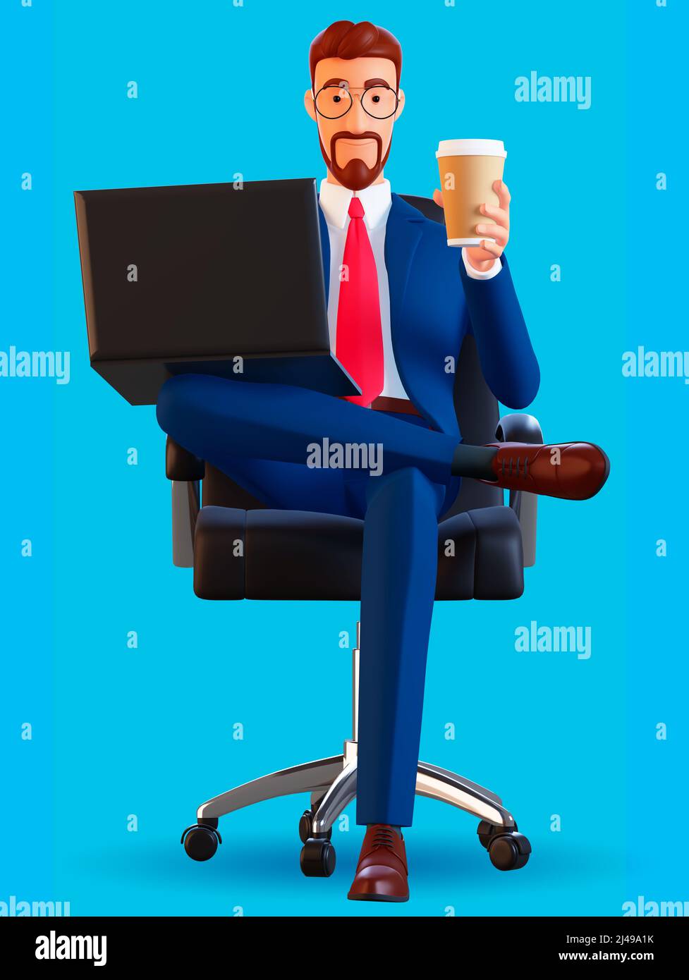 3 d Porträt eines männlichen Geschäftsmannes, der in einem Sessel sitzt, Kaffee trinkt und an einem Laptop arbeitet. Minimalistischer Style. 3D Darstellung rendern Stockfoto