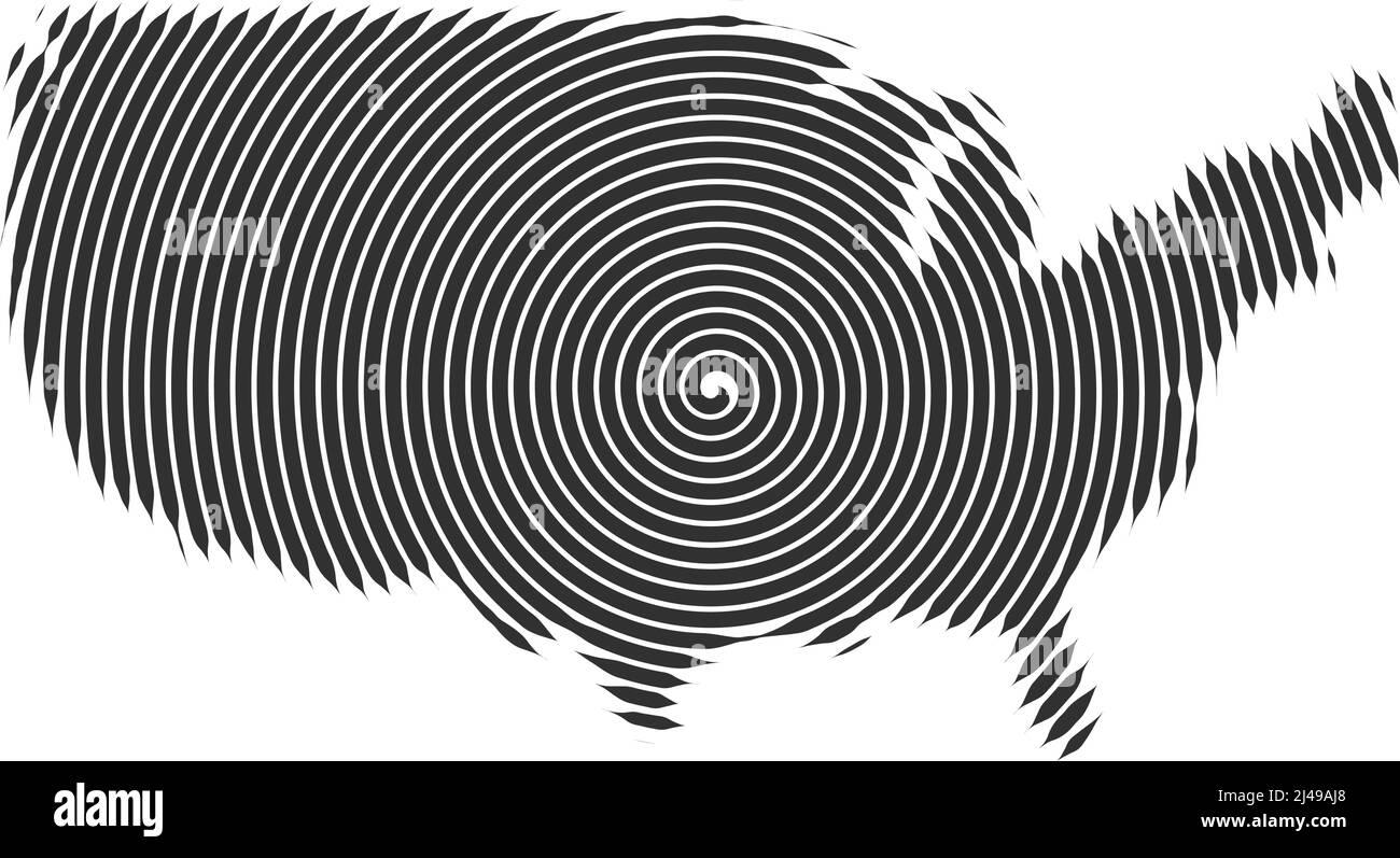 Abstrakte USA-Karte mit spiralförmigen oder radialen Linien, geographischer Hintergrund. Vektordarstellung auf weißem Hintergrund isoliert. Stock Vektor