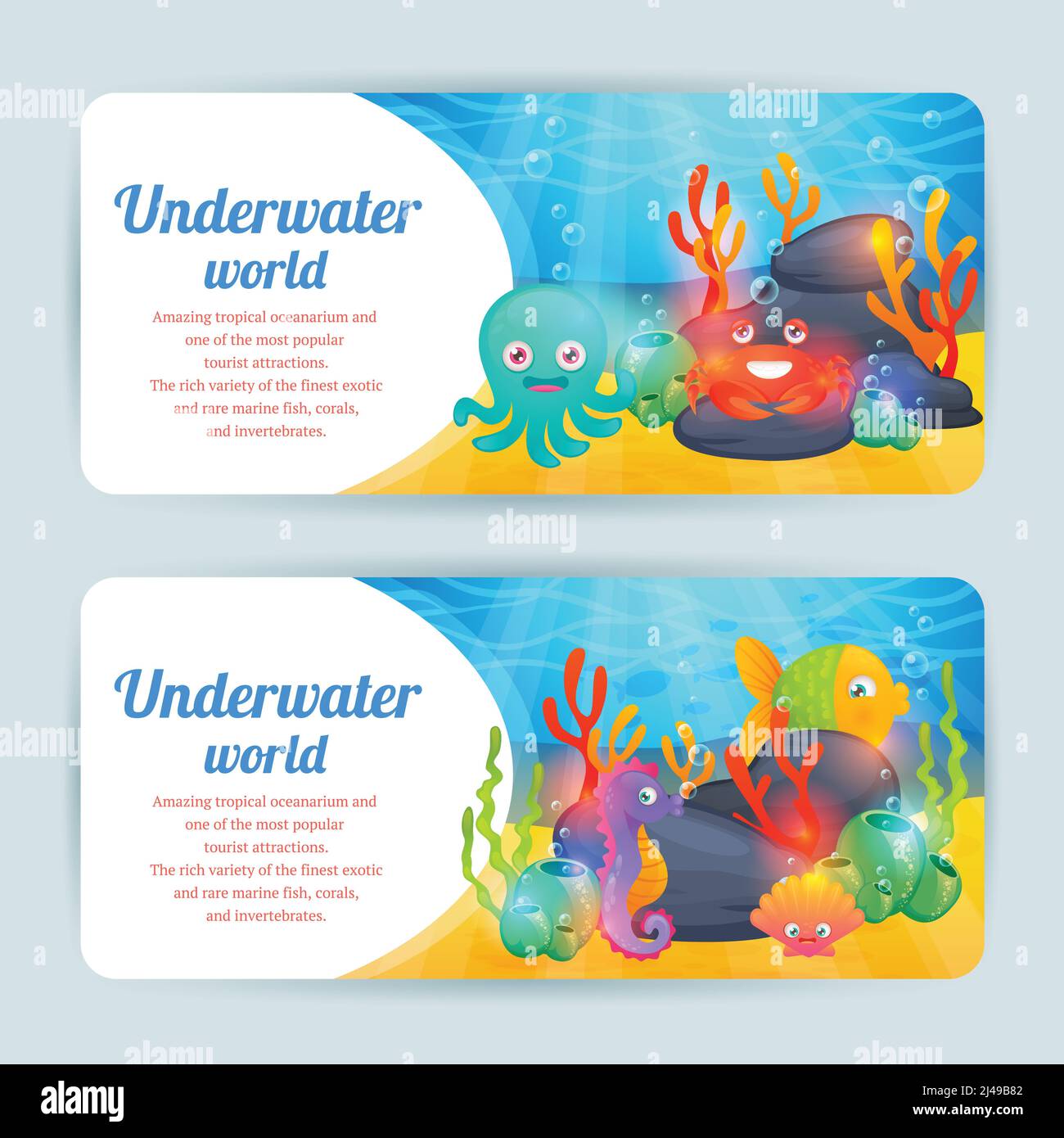Unterwasser tropische exotische Meerestiere horizontale Banner mit Krabben gesetzt Korallen und Oktopus abstrakt isoliert Vektor-Illustration Stock Vektor