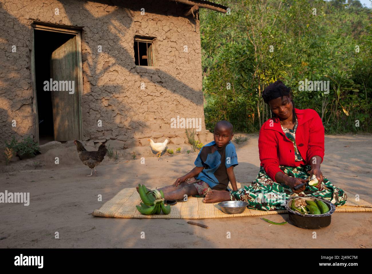 Genevieve, Manishimwe, 40, Dorf Nyange, Murambi-Zelle, Gakenke disrict. Ihr Mann wurde beim Völkermord getötet, sie hat vier Kinder, darunter Diane, 7 Jahre alt. Sie ist HIV-positiv. Bevor sie sich dem Programm anschloss, zog sie von Ort zu Ort, weil sie kein Haus hatte und oft hungrig war. Jetzt mit dem Erlös der Landwirtschaft nach dem Training aus dem Programm hat sie sich ein Haus gebaut. Sie kaufte drei Parzellen Land, eine Kuh und zwei Schweine. Stockfoto