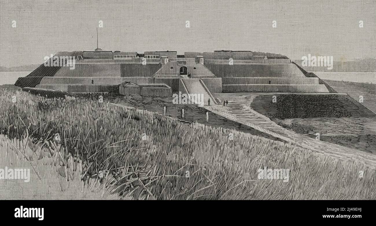 China, Talien-wan Fort, in der gleichnamigen Bucht. Gravur. La Ilustración Española y Americana, 1898. Stockfoto
