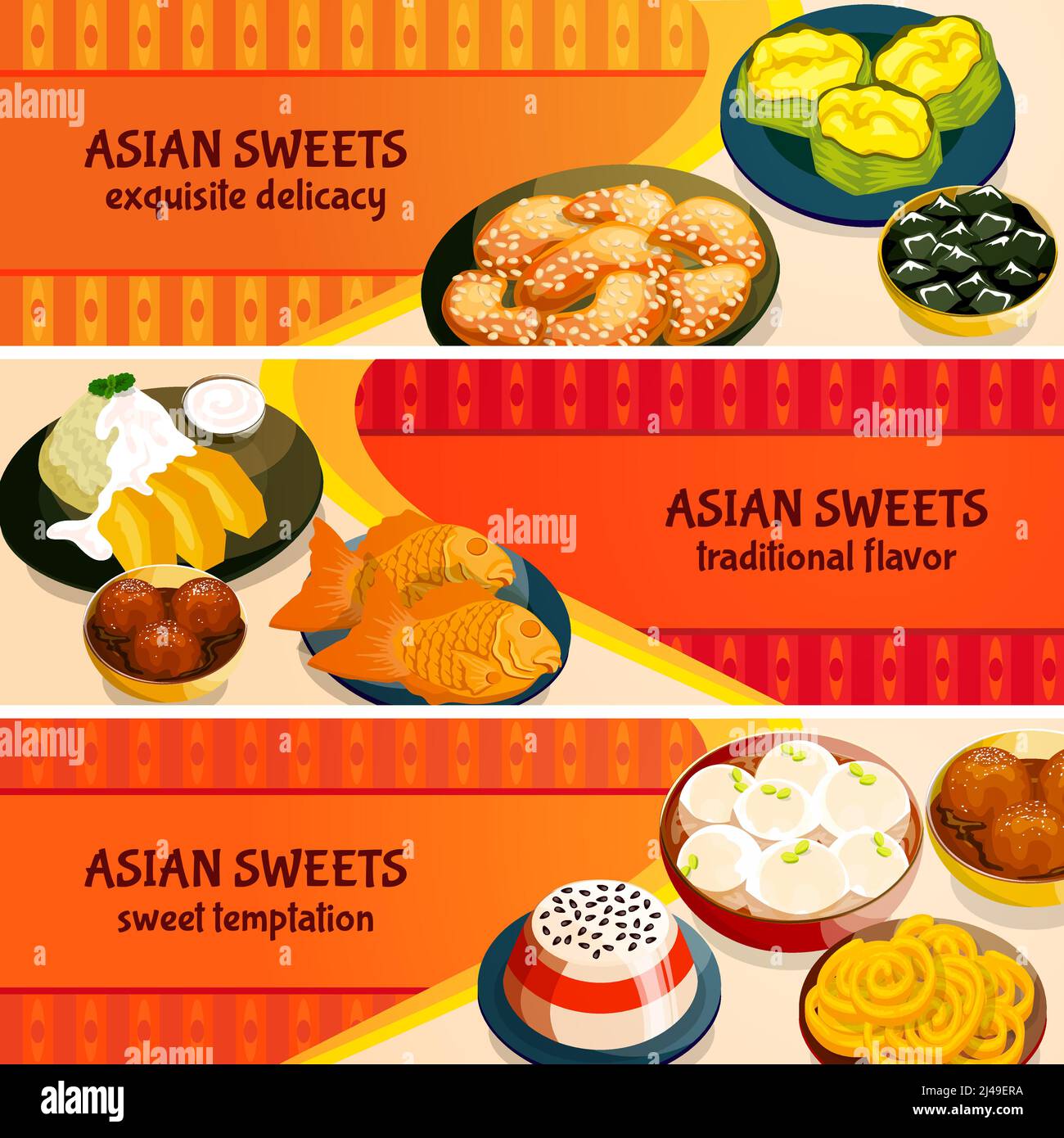 Asiatische Süßigkeiten horizontale Banner mit traditionellen Geschmack von exquisiten gesetzt Delikatessen isoliert Vektor-Illustration Stock Vektor