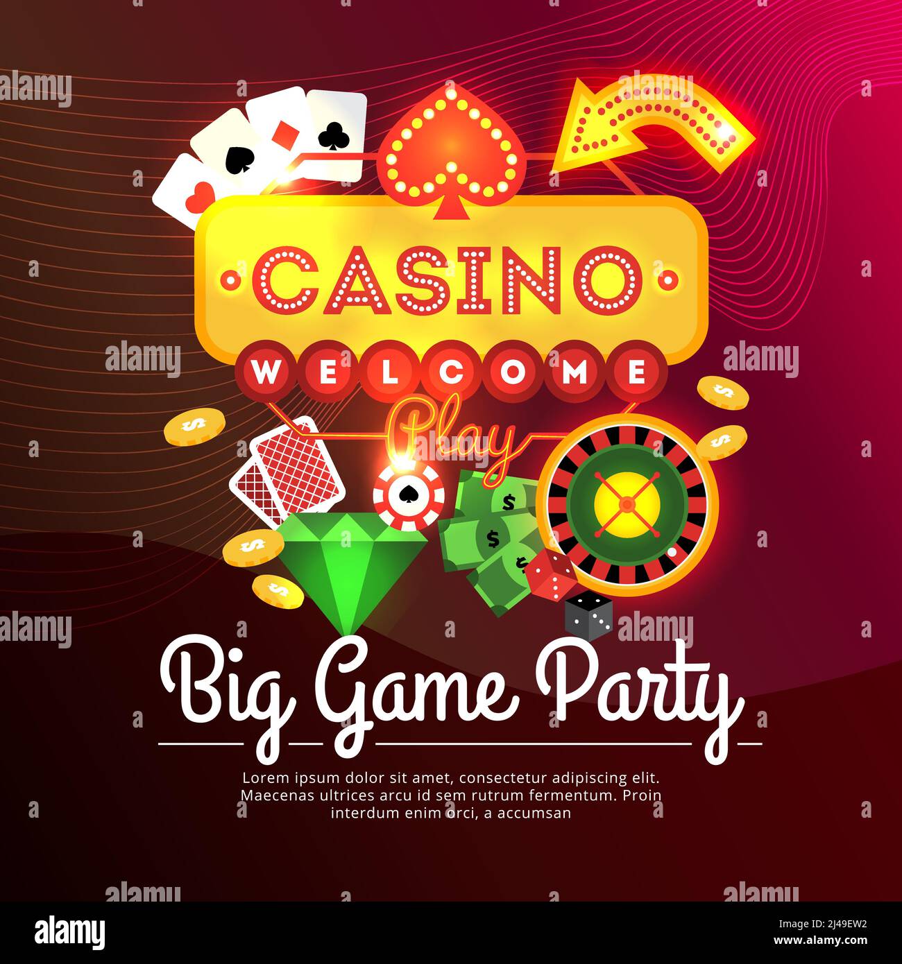 Big Game Party Casino Werbeplakat mit Neon-Zeichen und casino Elements flache Vektor-Illustration Stock Vektor