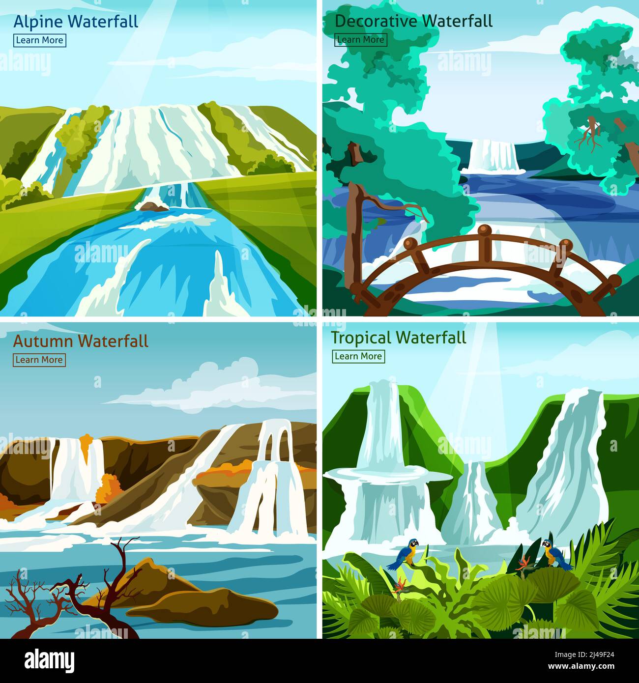 Wasserfall Landschaften 2x2 Design-Konzept mit Bildern des alpinen Nordens Tropische und dekorative Wasserfälle flache Vektor-Illustration Stock Vektor