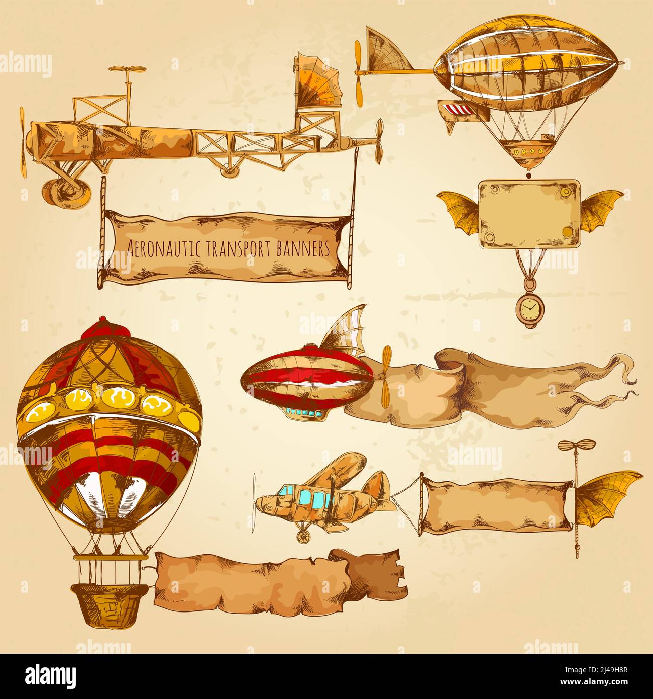 Luftschiffe im alten Stil mit Werbebannern handgezogenes Set isoliert vektorgrafik Stock Vektor