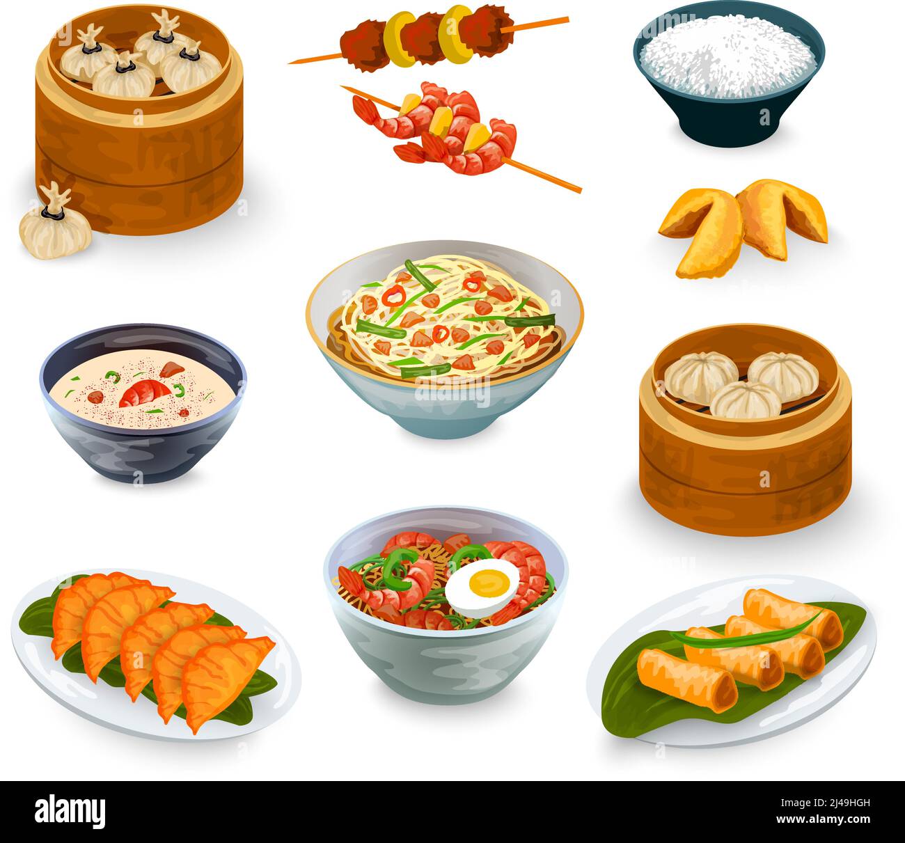 Asiatische Lebensmittel dekorative Symbole mit Glück Cookies isoliert Vektor gesetzt Abbildung Stock Vektor