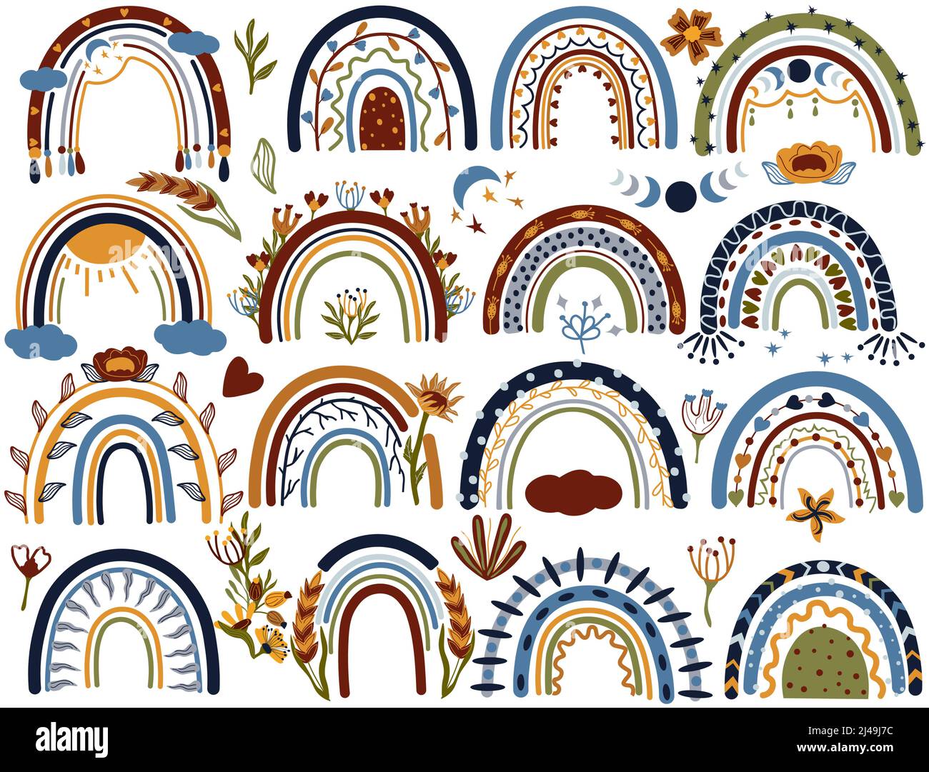 Set aus Boho-Regenbögen mit Herzen, Blumen, Sonne, Wolken, Regen. Böhmische Regenbögen. Skandinavischer Stil. Trendige Illustration. Vektor. Stock Vektor
