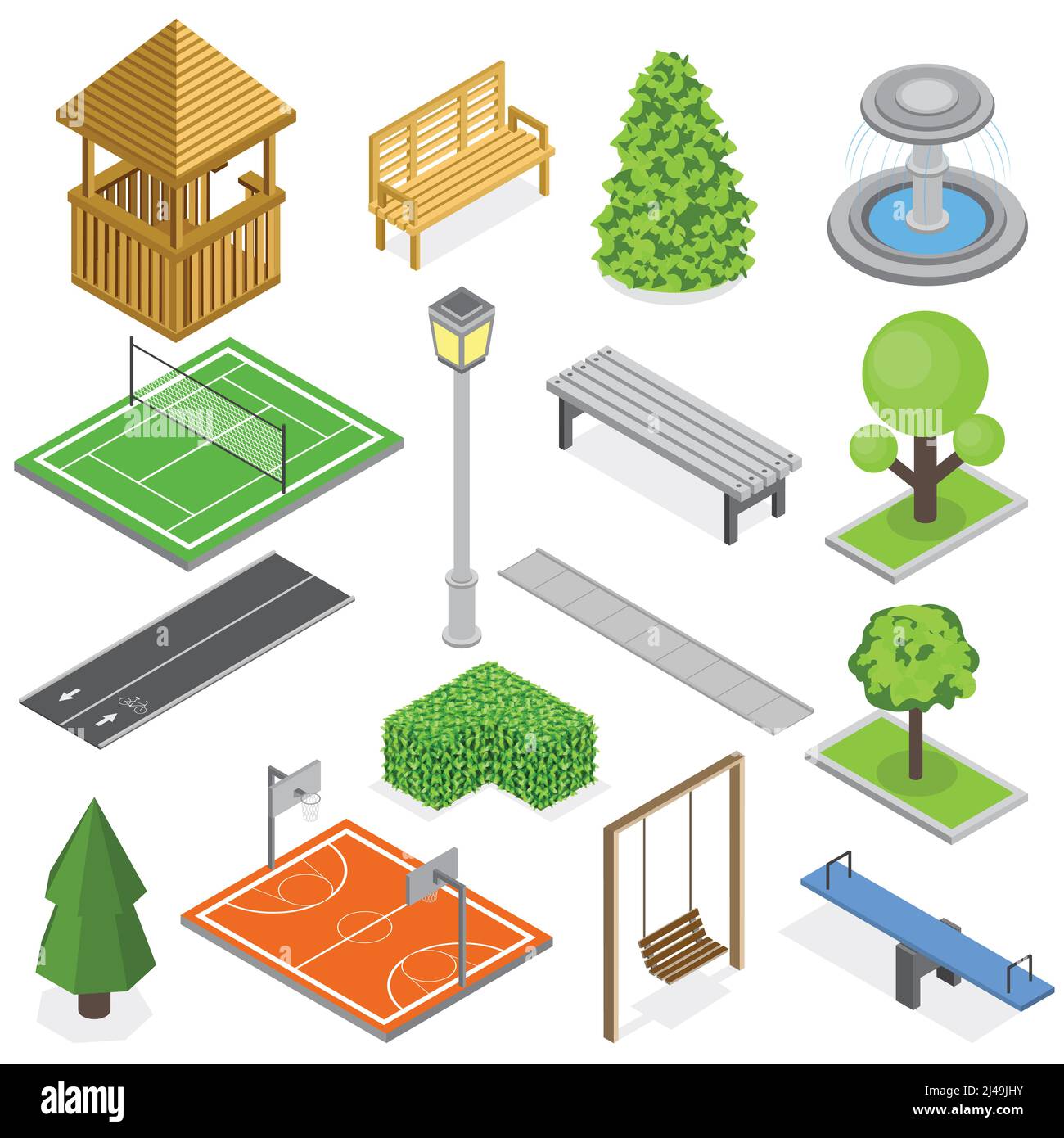 Stadtpark Infrastruktur isometrische Reihe von Elementen des Grüns Kind Spielplatz und Sportplätze isoliert Vektor Illustration Stock Vektor