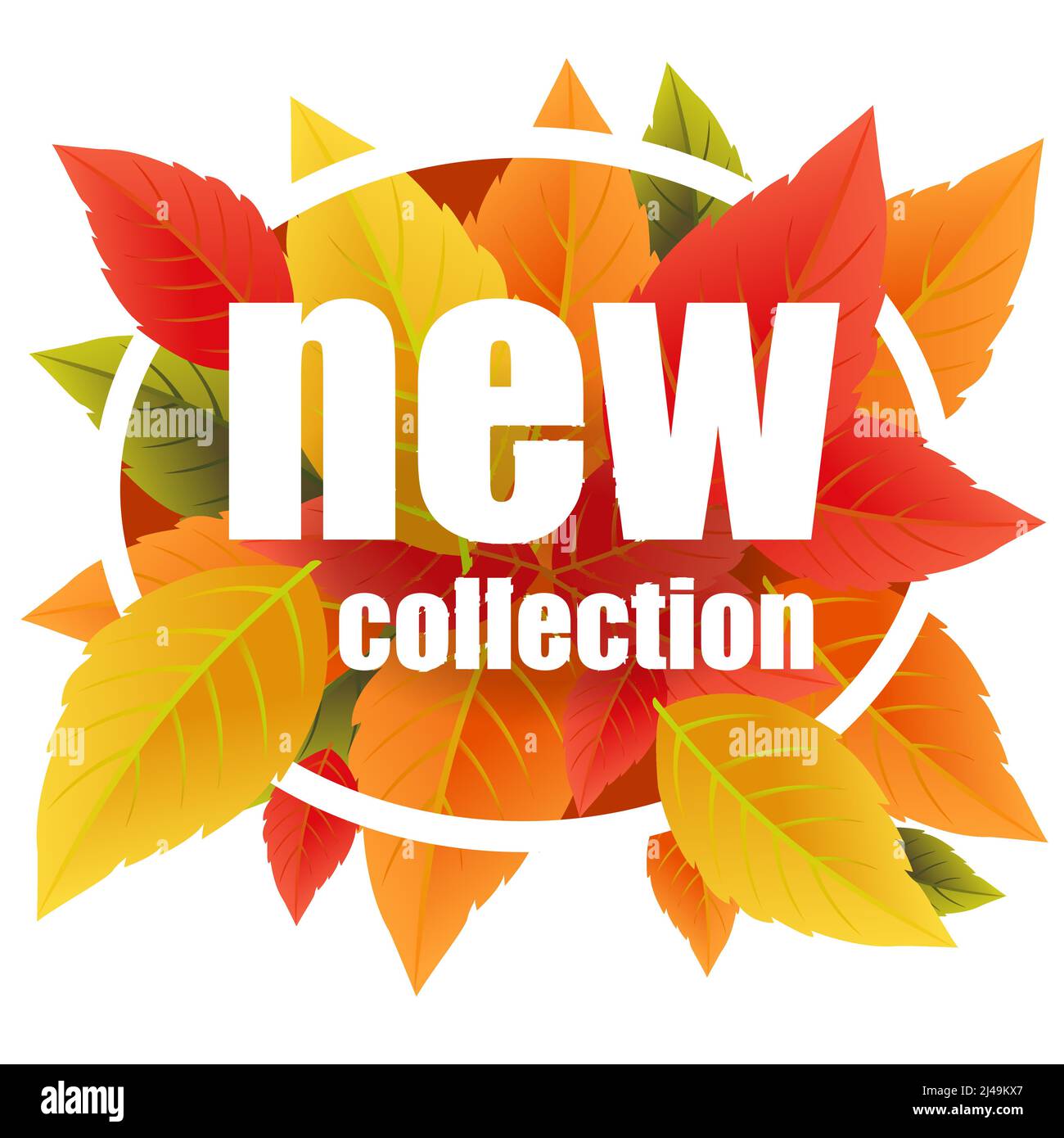 Neue Kollektion mit Schriftzug. Kreative Inschrift mit bunten Herbstblättern im Kreisrahmen. Illustration mit Schriftzug kann für Banner, Poster verwendet werden Stock Vektor
