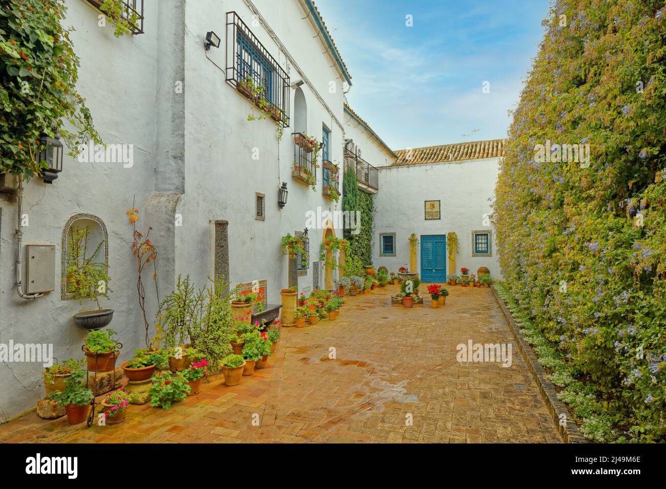 VIANA PALACE GÄRTEN CORDOBA SPANIEN AUSSENTERRASSE GARTENANORDNUNG VON TÖPFEN UND BLUMEN AUSSERHALB DES HAUPTGEBÄUDES Stockfoto