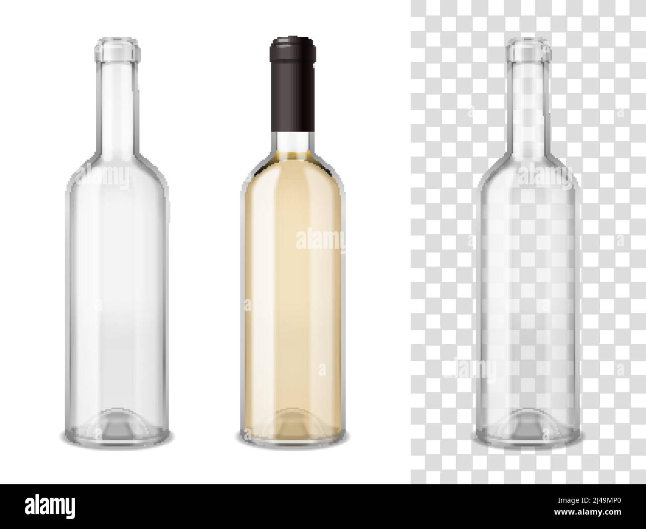 Leer und versiegelt durch Kappe gefüllt Weinglasflaschen realistisch Auf weißen und transparenten Mischungshintergründen Vektordarstellung einstellen Stock Vektor