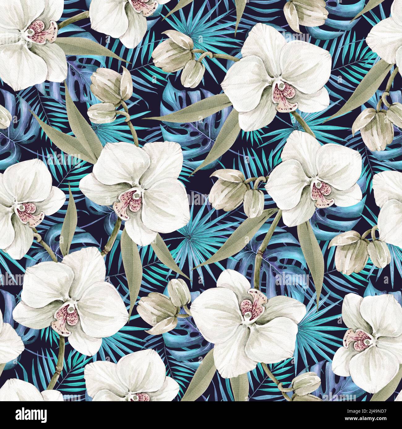 Nahtloses Muster aus tropischen Palmblättern und Orchideenblumen auf dunklem Hintergrund, botanische Illustration Aquarell handbemalt Stockfoto