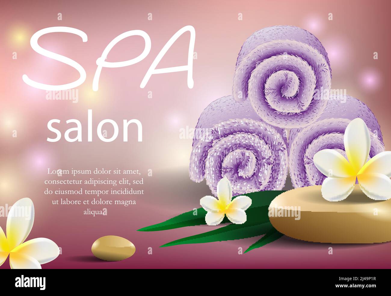 Schriftzug im Spa-Salon mit violetten Handtüchern. Realistischer, weicher Handtuchstapel und tropische Blumen auf rosa Hintergrund mit Lichtern. Abbildung mit Beschriftung Dose Stock Vektor