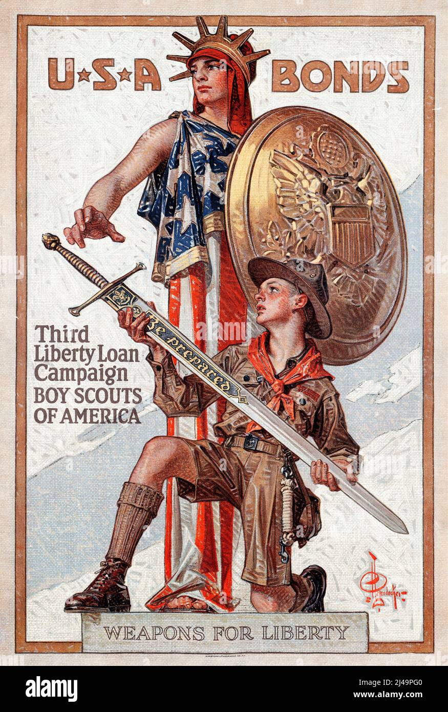 Posterdesign von JC Leyendecker - Weapons for Liberty (1918) USA Bonds, Liberty Loan Campaign. Junge Pfadfinder von Amerika. Stockfoto