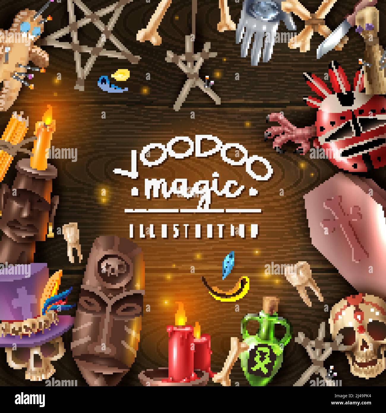 Voodoo Kult Geheimnis magische Objekte Attribute realistische dunkle Holz Hintergrund Rahmen mit Totenkopf Kerzenlicht Puppe Pins Vektor-Illustration Stock Vektor