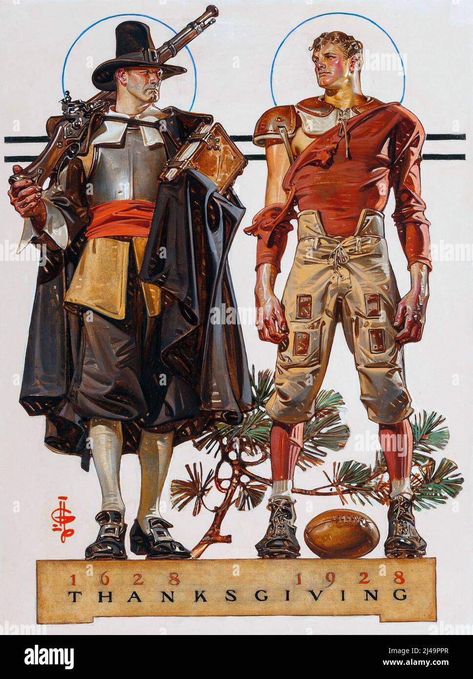 JOSEPH CHRISTIAN LEYENDECKER (Amerikaner, 1874-1951) Thanksgiving, 1628-1928 - 300 Jahre (Pilger und Fußballspieler) Stockfoto