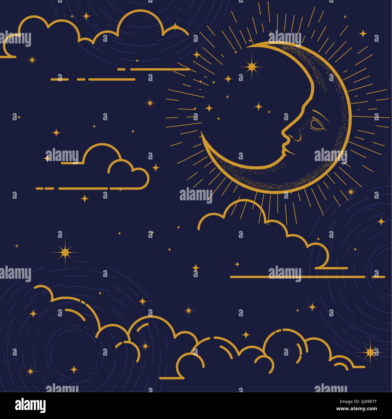 Magischer Hintergrund mit Konstellationen, Halbmond, Wolken und Sternen, mystisch esoterisches Verpackungsdesign, Astrologie Mond, Vektor Stock Vektor