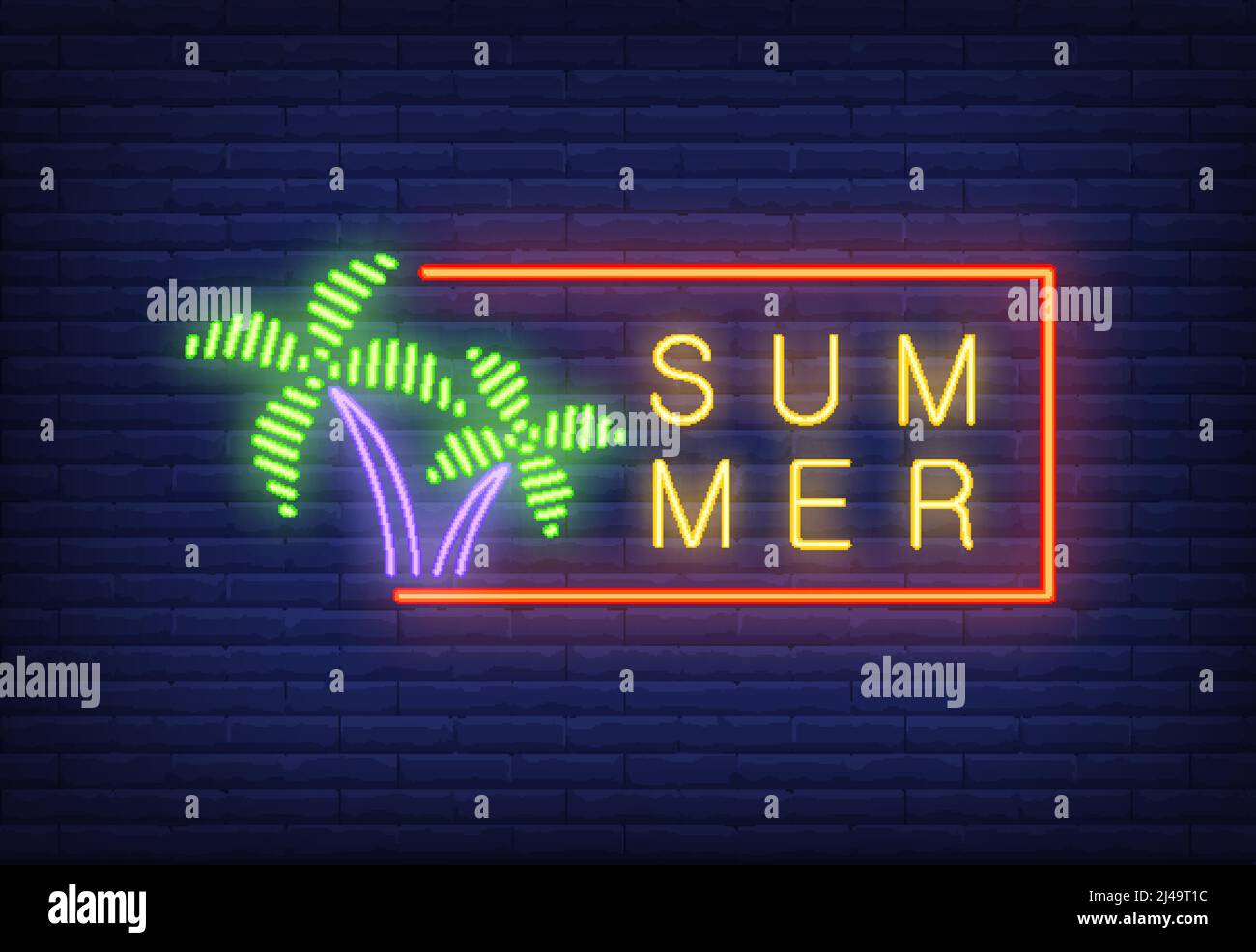 Sommer Neon Text in Rahmen und Palmen. Design von saisonalen Angeboten oder Verkaufsanzeigen. Nachts helles Neonschild, bunte Plakatwand, Lichtbanner. Vecto Stock Vektor