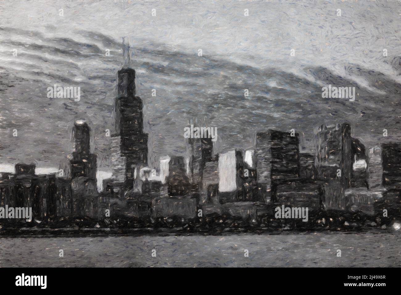 Real Malerei moderne künstlerische Kunst Chicago USA Zeichnung in Öl Stadtzentrum Wolkenkratzer und Architektur, Amerika reisen Innenstadt, Wandkunst drucken Stockfoto