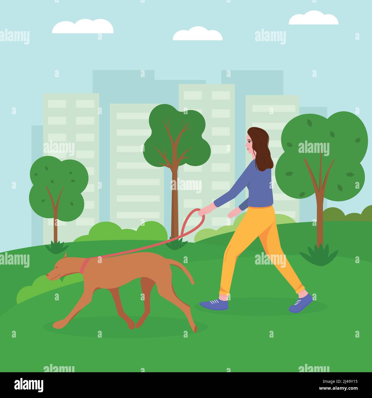 Junges Mädchen, das den Hund im Park läuft. Flache Vektorgrafik Stock Vektor