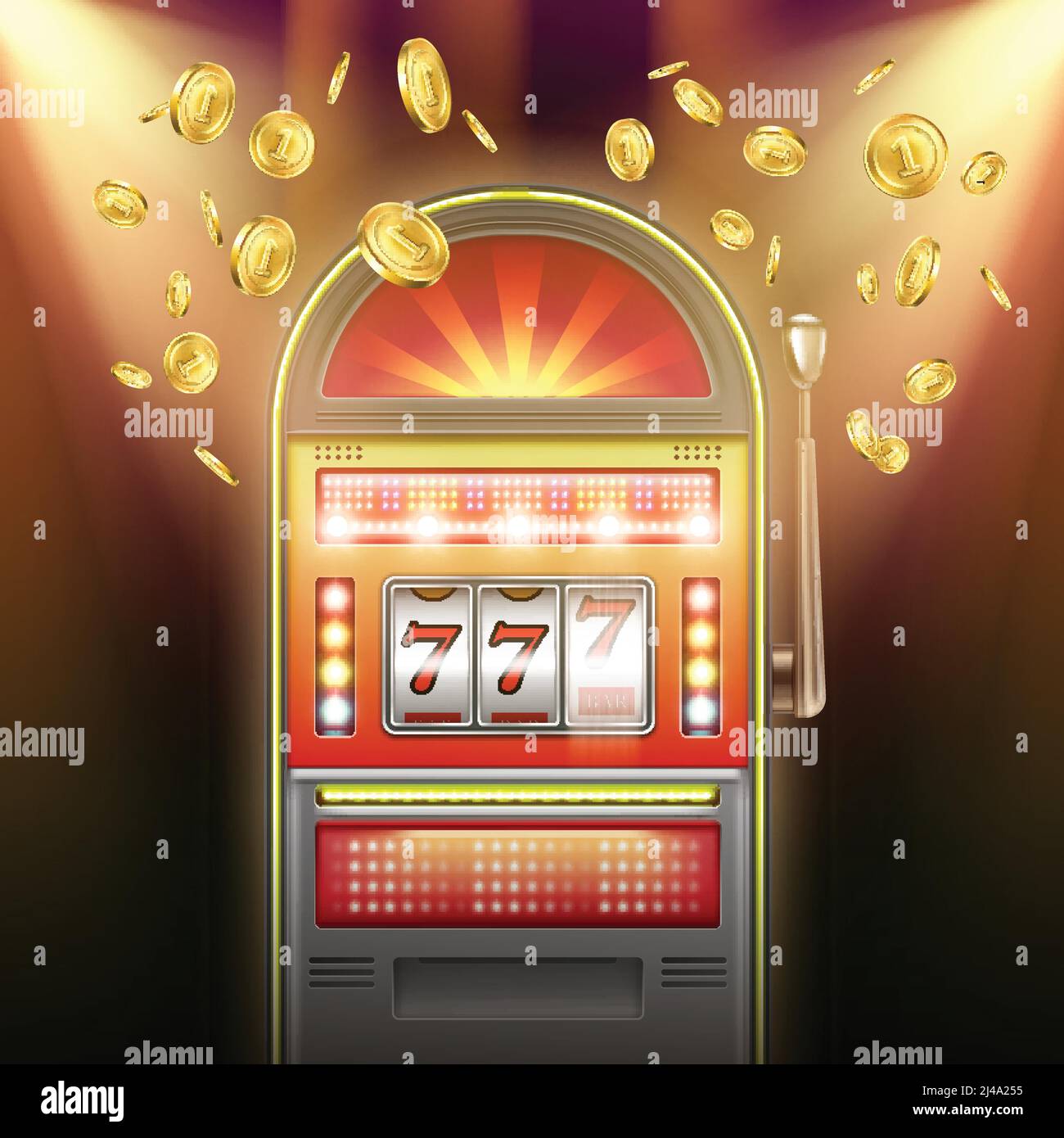 Vektor beleuchteten retro jackpot Spielautomat mit fallenden Goldmünzen Auf dunklem Hintergrund in blinkenden Lichtern Stock Vektor
