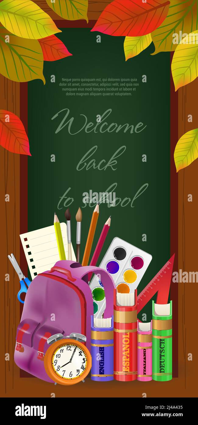 Willkommen zurück zur Schule Schriftzug in Rahmen, mit Blättern und Vorräten. Angebot oder Verkauf Werbedesign. Handgeschriebener Text, Kalligraphie. Für Flugblätter, br Stock Vektor