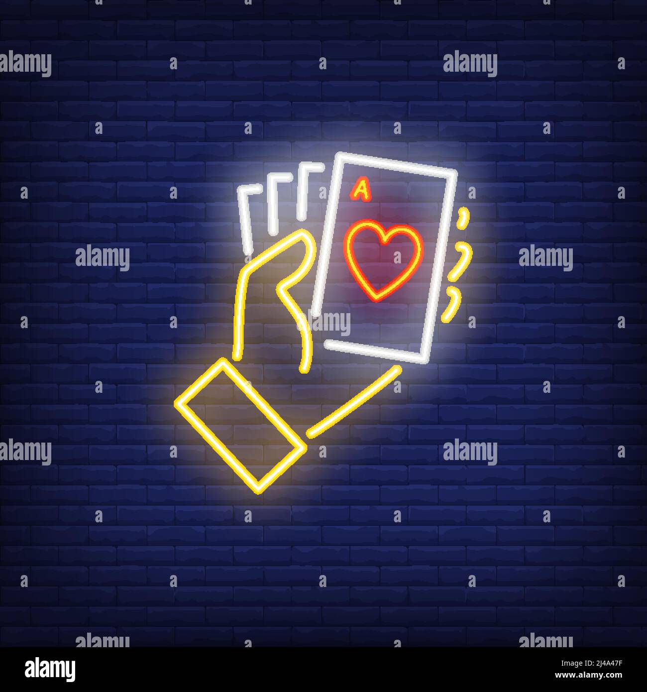 Hand hält Ass Karten Neon-Zeichen. Herz, Poker, Spieler. Nächtliche Werbung. Vektor-Illustration im Neon-Stil für Glücksspiel, Casino und Poker Stock Vektor