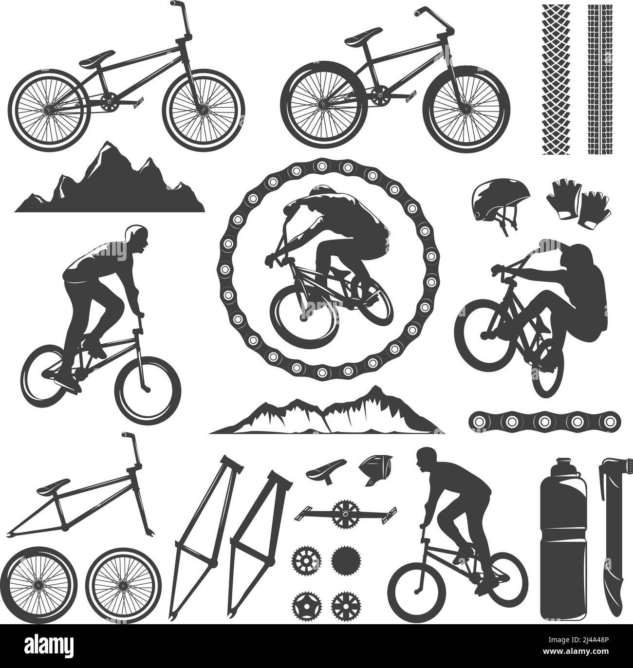 BMX dekorative Grafik-Icons Set mit Fahrrad-Fahrradkettenrahmen Pedal Rock Track Helm isoliert Vektor Illustration Stock Vektor
