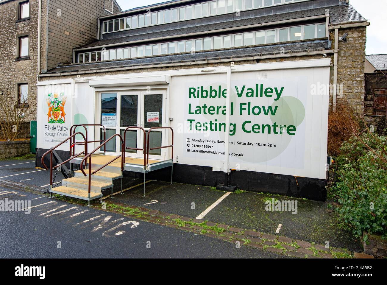 Ribble Valley Lateral Flow Testing Center, Clitheroe, Lancashire, Großbritannien. Stockfoto