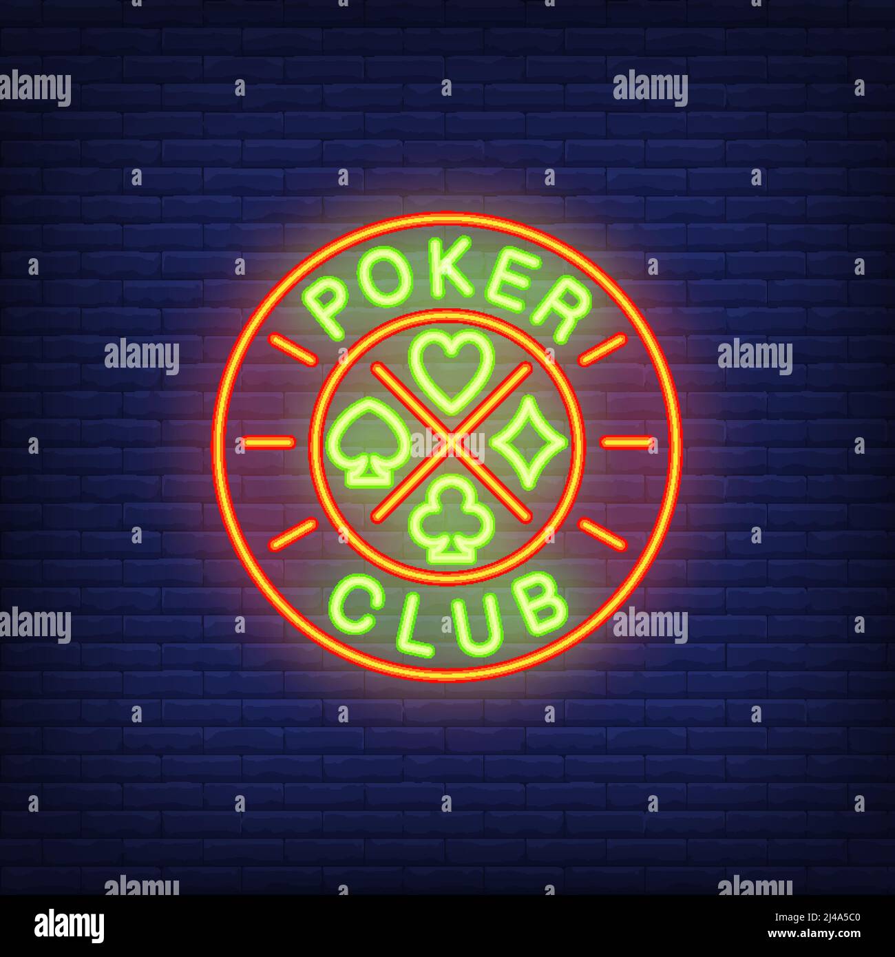 Neonschild des Poker Clubs. Text auf Roulette, Karte passt. Nächtliche Werbung. Vektor-Illustration im Neon-Stil für Glücksspiel, Casino, Spiele Stock Vektor