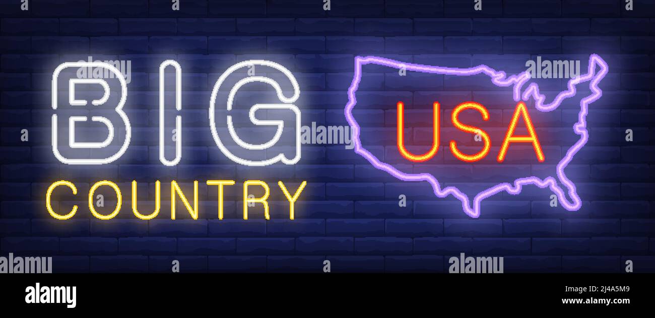Großer Land Neontext mit USA Karte Silhouette. Geographie, Geschichtsgestaltung. Nachts helles Neonschild, bunte Plakatwand, Lichtbanner. Vektordarstellung Stock Vektor