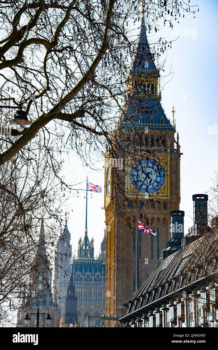 Blick auf Big Ben Uhr, Elizabeth Tower, Palace of Westminster, London, England, VEREINIGTES KÖNIGREICH. Stockfoto