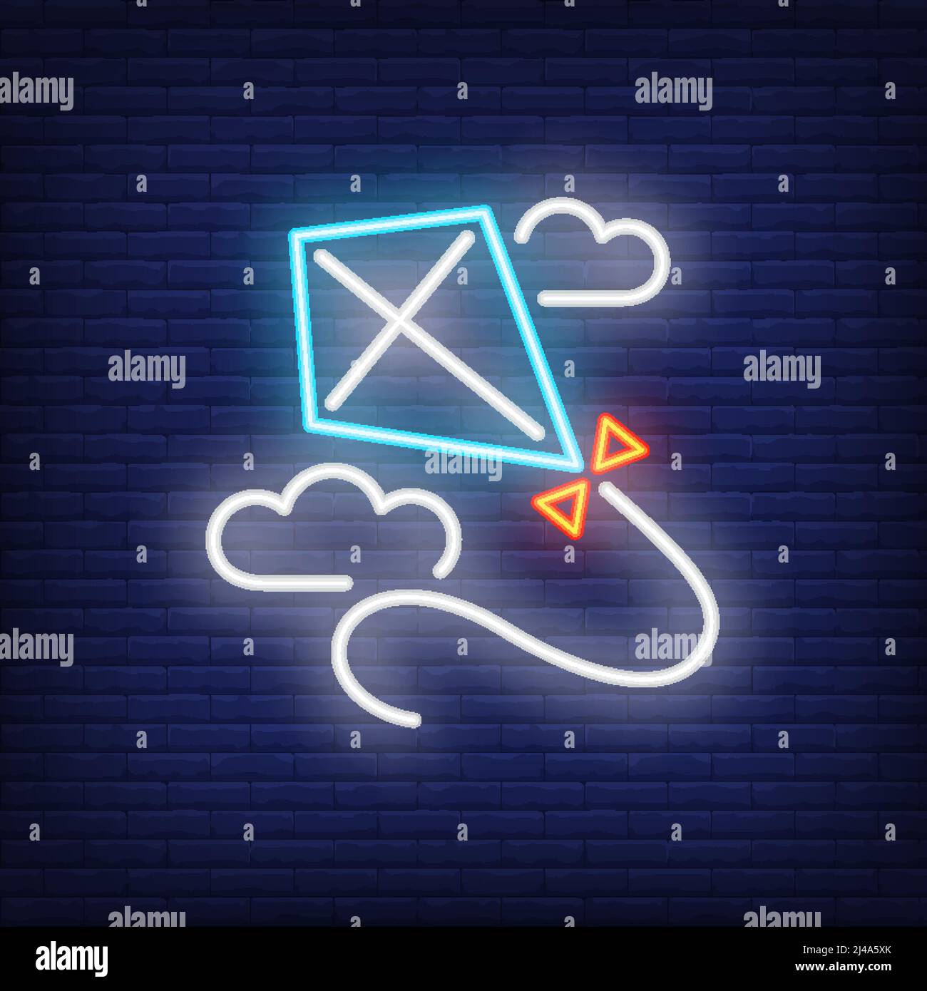 Blauer Drachen, der in Wolken fliegt, Neonschild. Drachen mit Schleife und Schnur. Nächtliche Werbung. Vektor-Illustration im Neon-Stil für Spielzeug und Spiel Stock Vektor