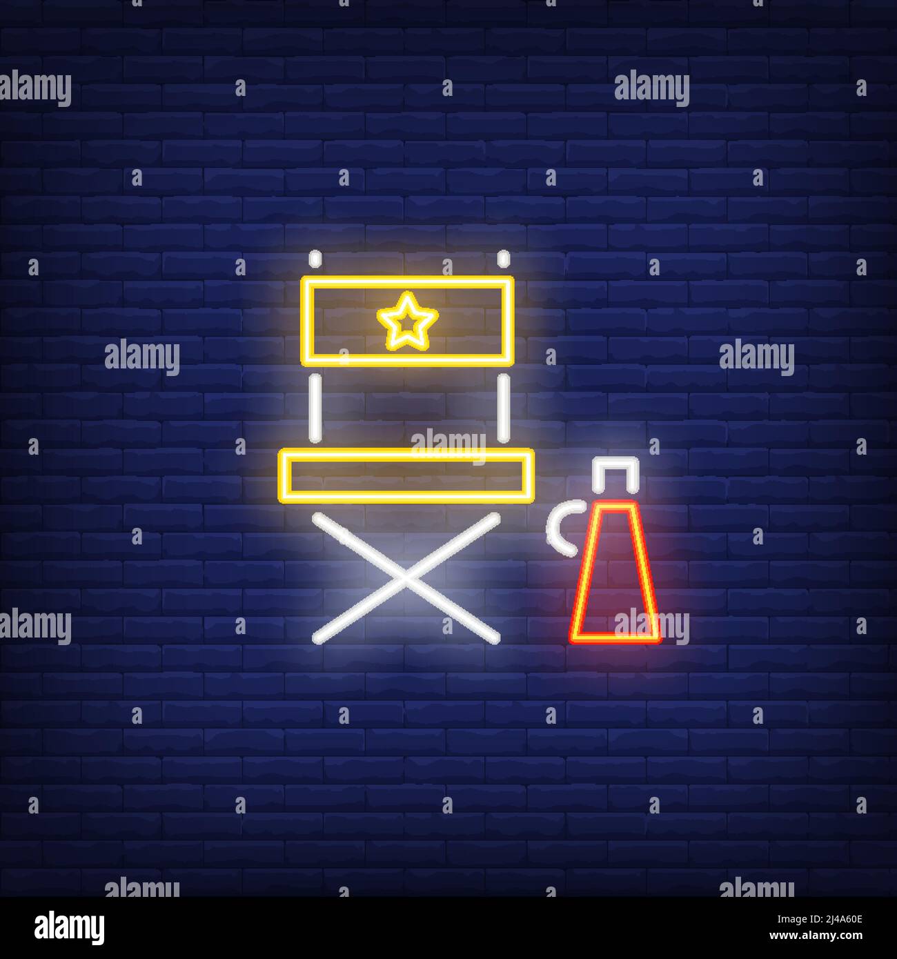 Neonschild für den Regiestuhl. Leuchtendes Schild mit Klappstuhl. Nächtliche Werbung. Vektor-Illustration im Neon-Stil für kommerzielle, Film po Stock Vektor