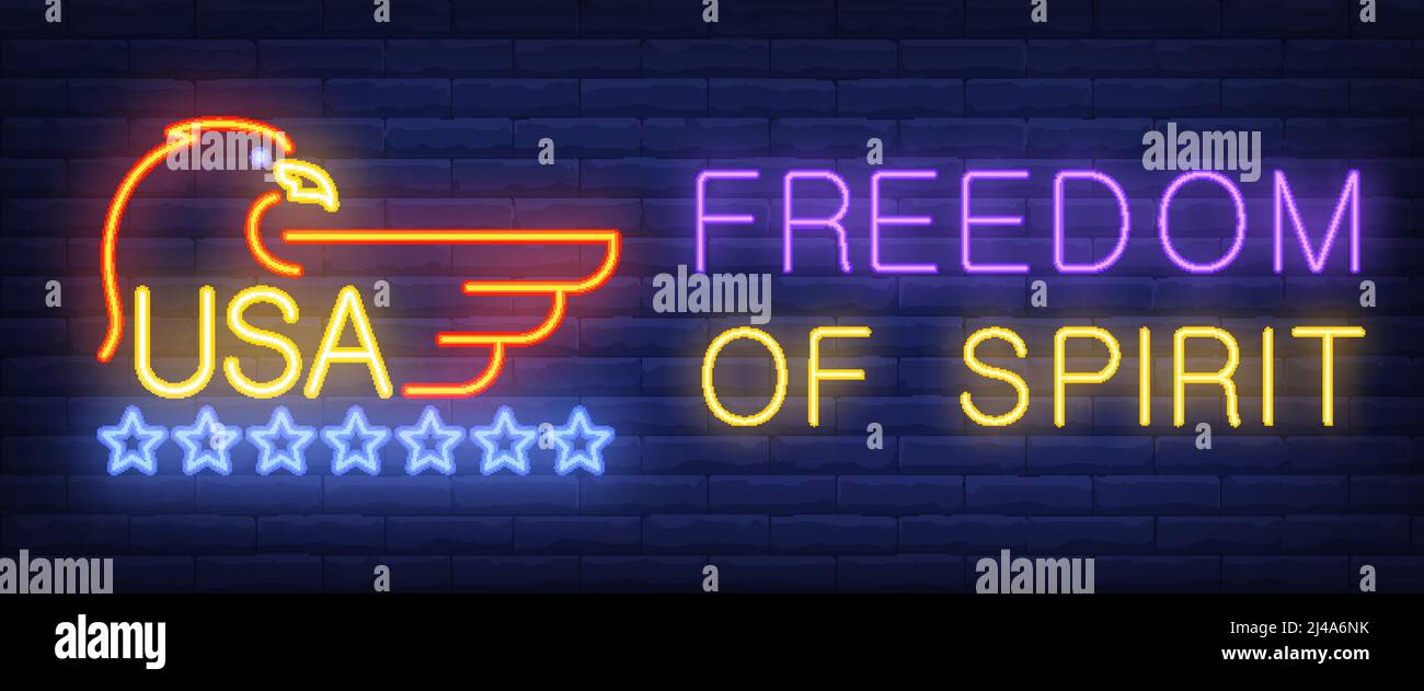 Freiheit des Geistes, USA Neontext mit Adler und Sternen. Unabhängigkeitstag, Geschichte Design. Nachts helles Neonschild, bunte Plakatwand, Lichtbanner. Vec Stock Vektor