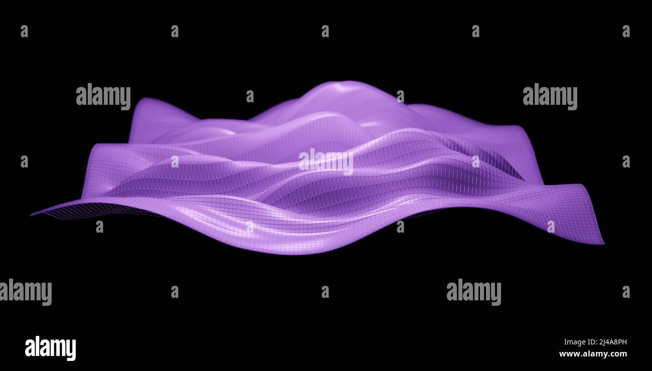 Schwebendes, violett glänzendes Drahtglanz-Wellenformobjekt und abstrakte Visualisierung von Schallwellen mit selektivem Fokus Stockfoto