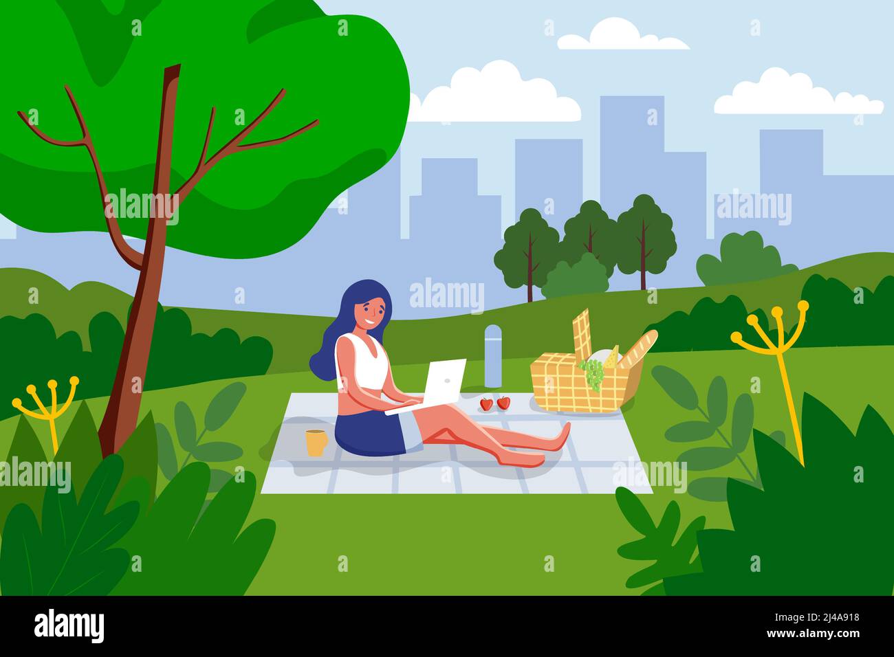 Mädchen arbeitet oder studiert online im Park. Frau arbeitet auf einem Laptop. Konzept für Freiberufler Remote-Arbeit Geschäft Online-Training Vektor-Illustration in einem Stock Vektor