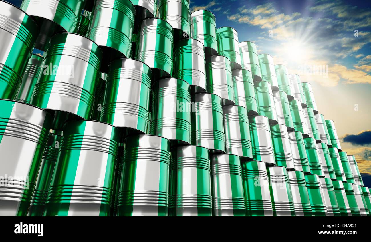 Ölfässer mit Flagge von Nigeria - 3D Abbildung Stockfoto