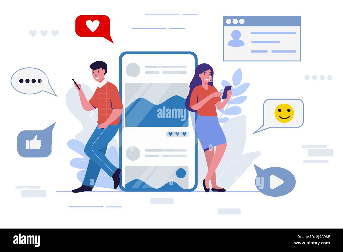Junge Menschen Messaging mit einem Mobiltelefon oder Tablet Social Media-Netzwerk Konzept Vektor Illustration Stock Vektor