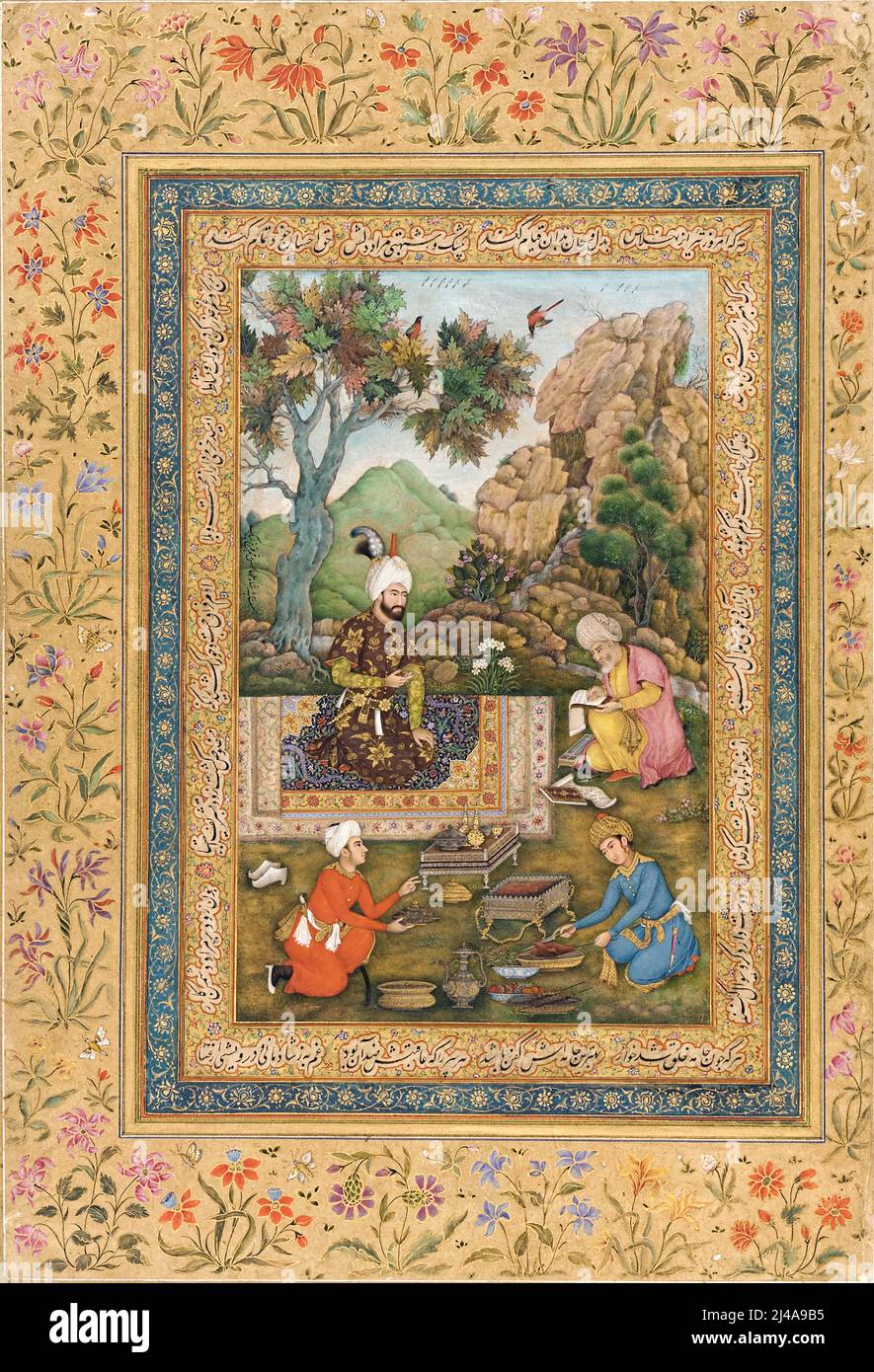 Shah Tahmasp in den Bergen von dem indischen Künstler Farrukh Beg (um 1547-1619) Hofmaler an den großen Moghul-Kaiser Shah Jaha. Stockfoto
