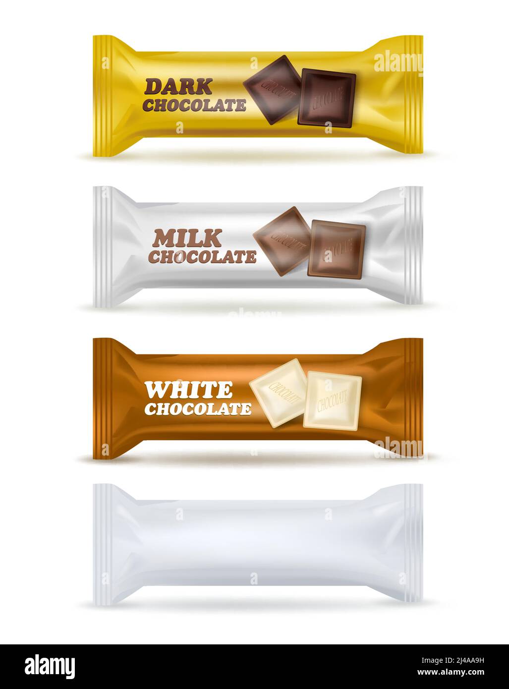 Satz von vier ähnlichen isolierten Snack-Pakete editierbar mit verschiedenen Etiketten dunkle Milch weiße Schokolade und blank mit Schatten Vektor Abbildung Stock Vektor