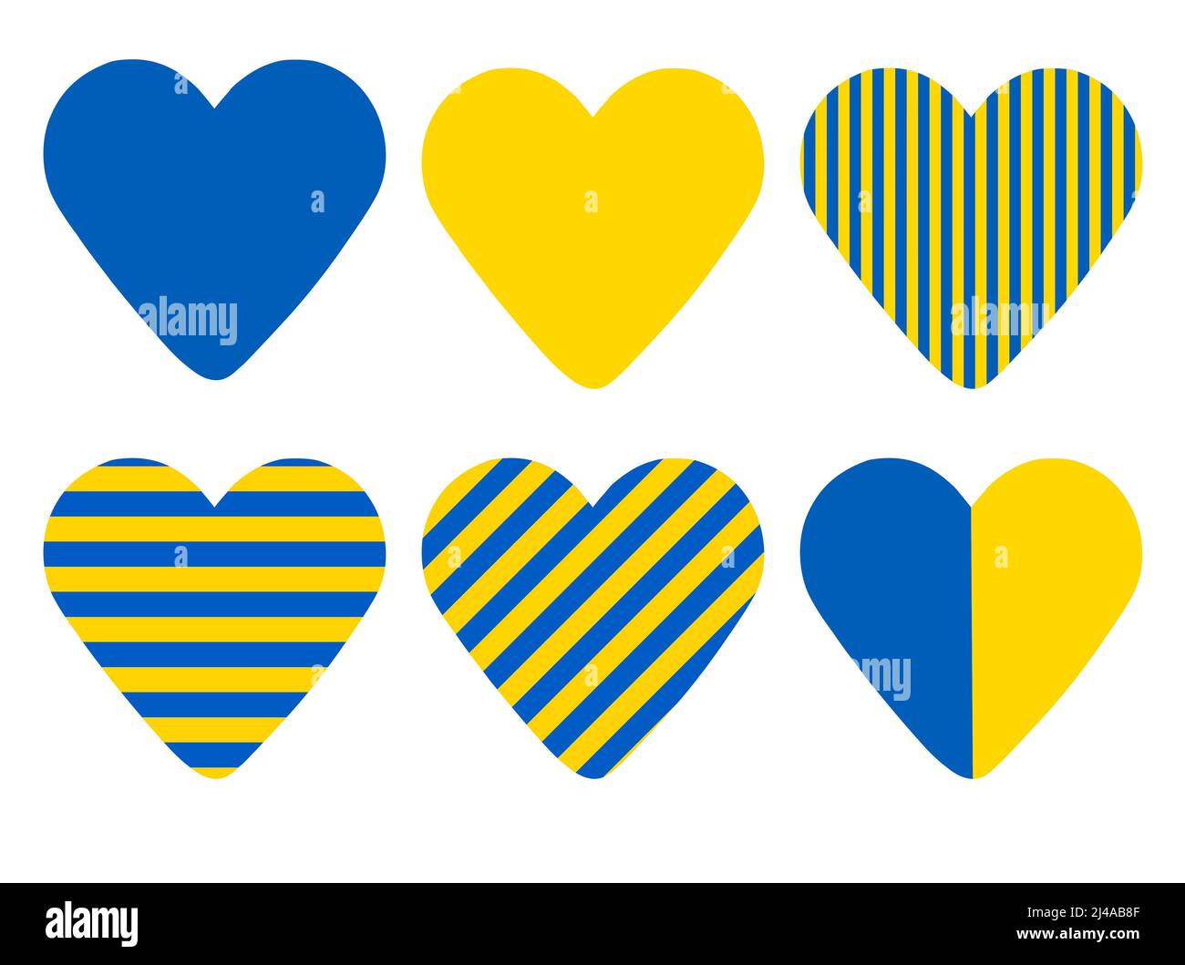 Stand mit der Ukraine: Set von flachen Herzen mit ukrainischen Flaggenstreifen über weiß Stockfoto