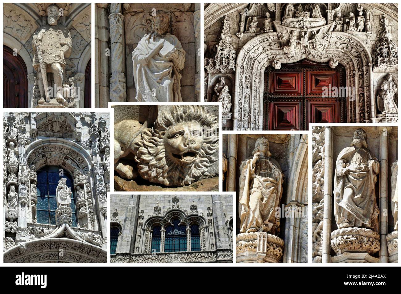 Einige architektonische Details des Klosters Jerónimos sind eines der wichtigsten Beispiele für den portugiesischen manuelinischen Architekturstil in Lissabon. Stockfoto