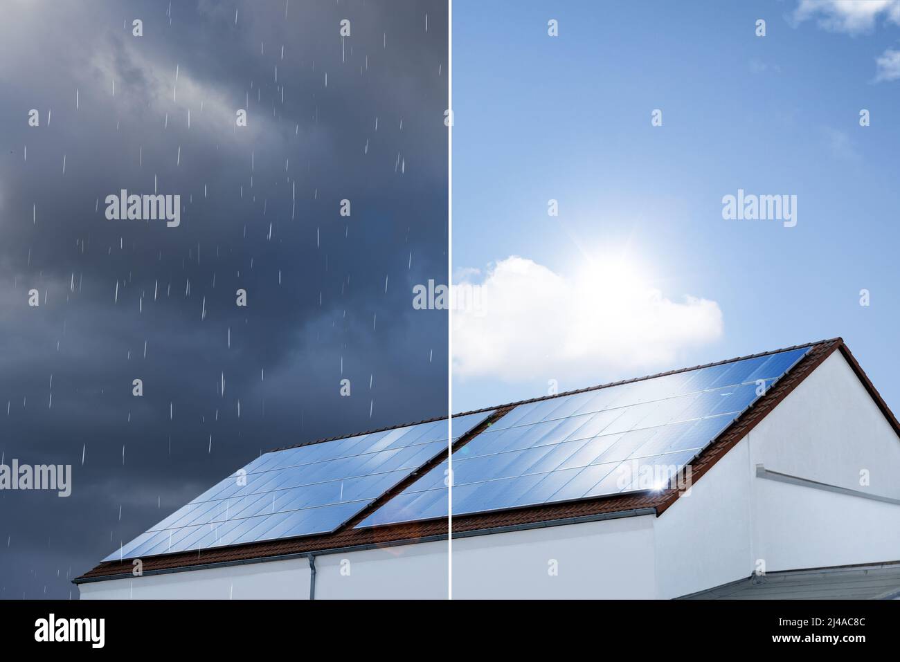 Split-Ansicht von Solarzellen auf einem Dach bei regnerischem und sonnigem Wetter Stockfoto